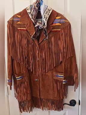DEERSKIN LEATHERS Brown Suede Fringe Western Jacket w/ Embroidery Sz L